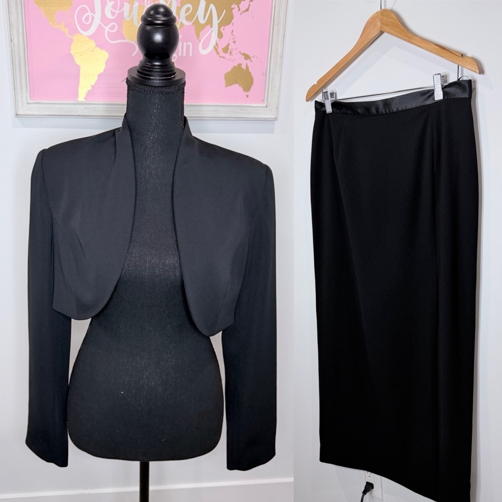 Georgiou Studio Black Maxi Skirt with Slit and Cropped Blazer
